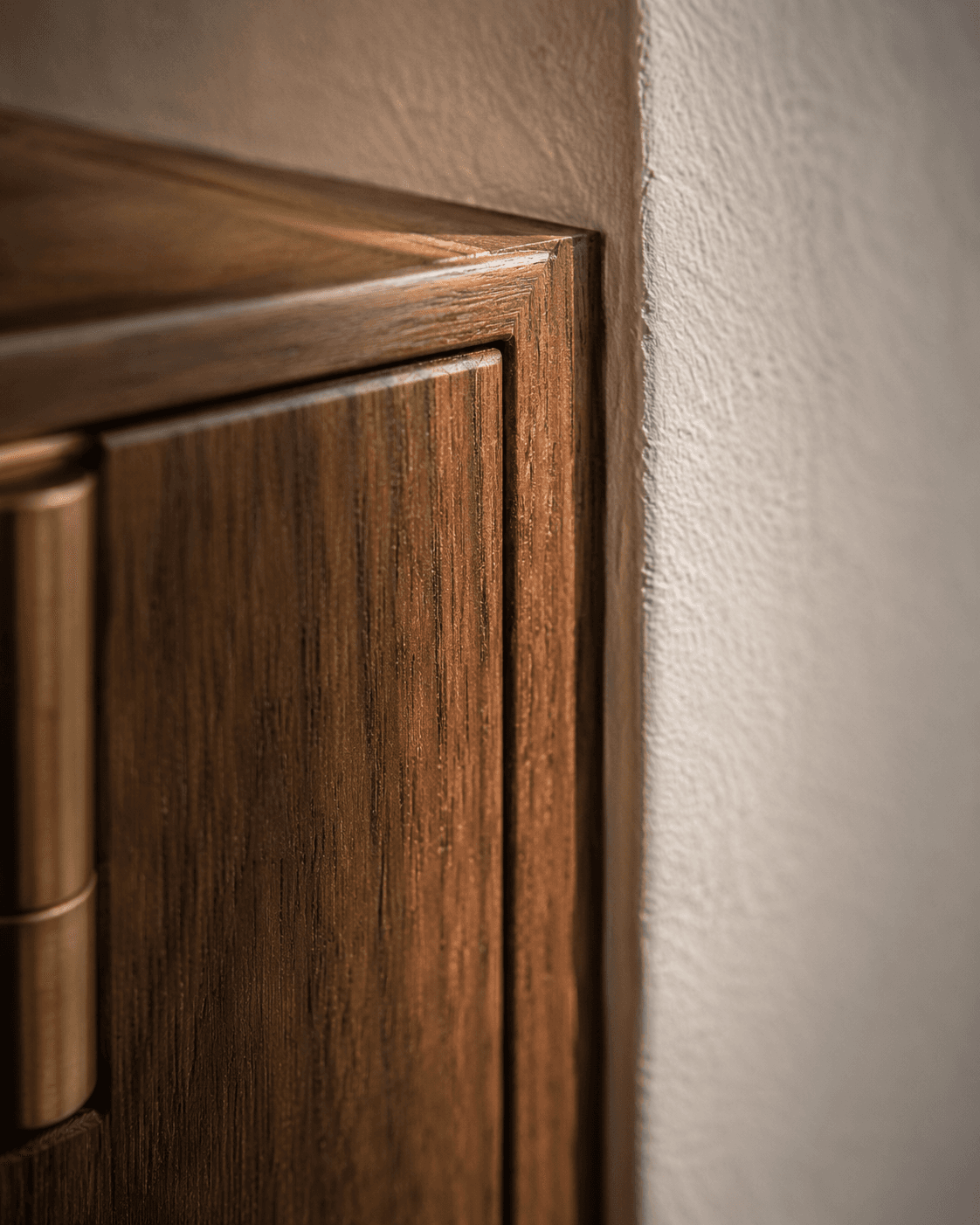 Close-up of custom walnut cabinet door joinery and brass hinge, Kea Cabinetry workshop
