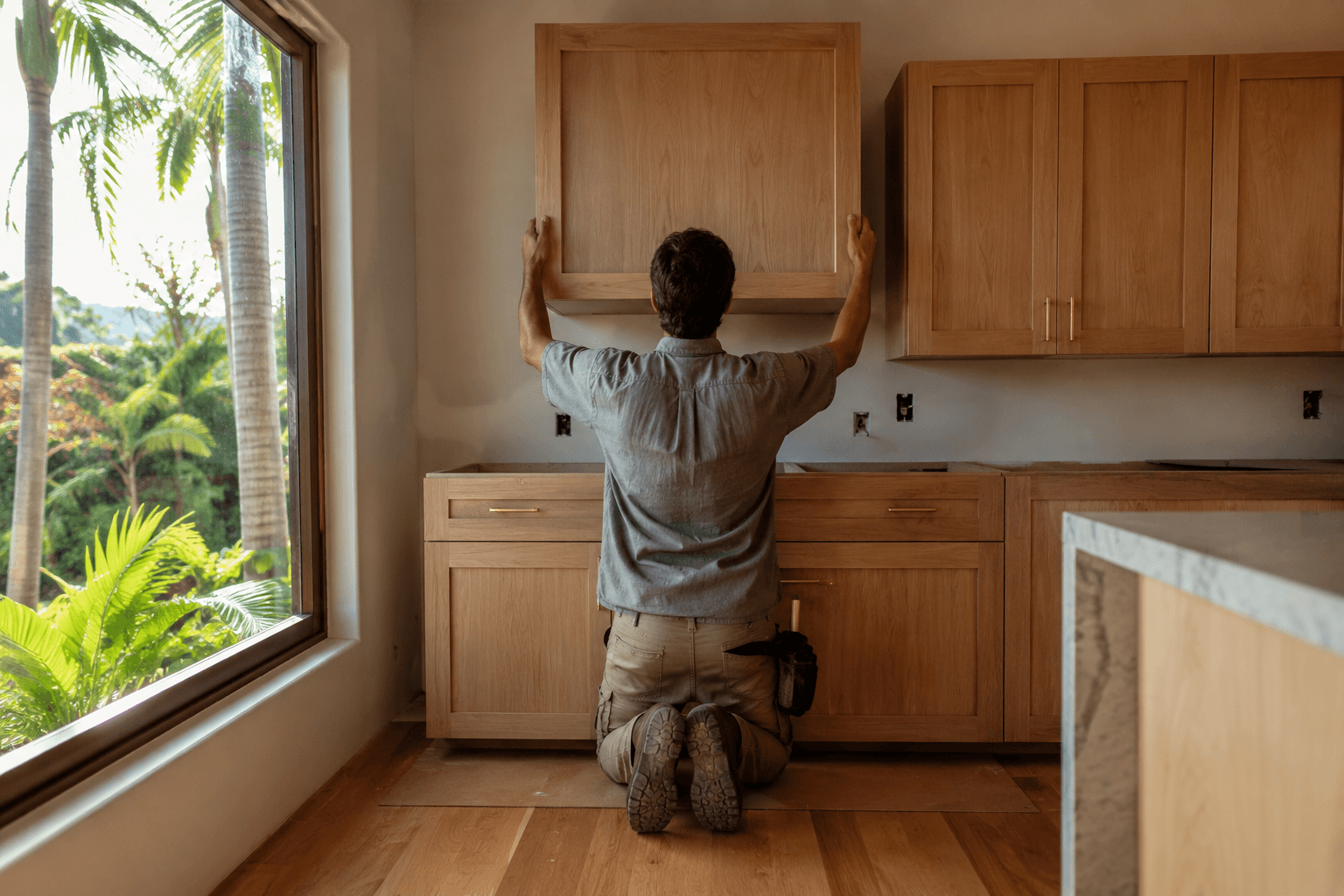 Kea Cabinetry installer fitting custom white oak cabinets in a Hawaii home, Kailua, Oahu