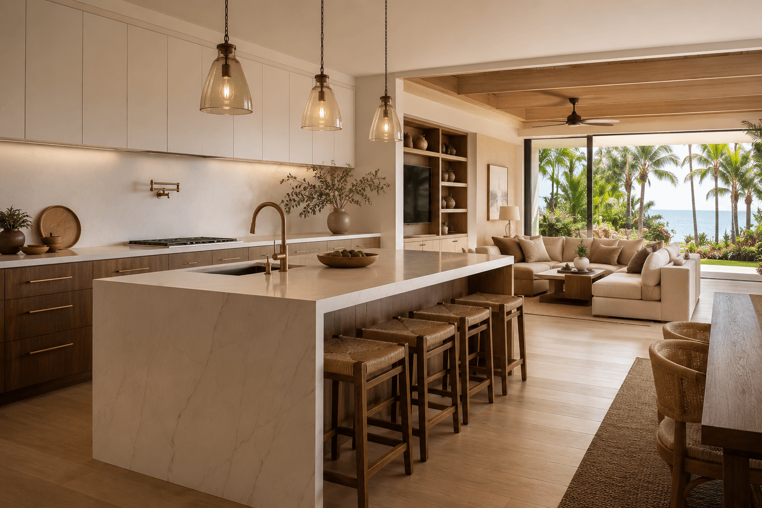 Custom two-tone kitchen cabinetry with ocean view, Kohala Coast, Hawaii Island