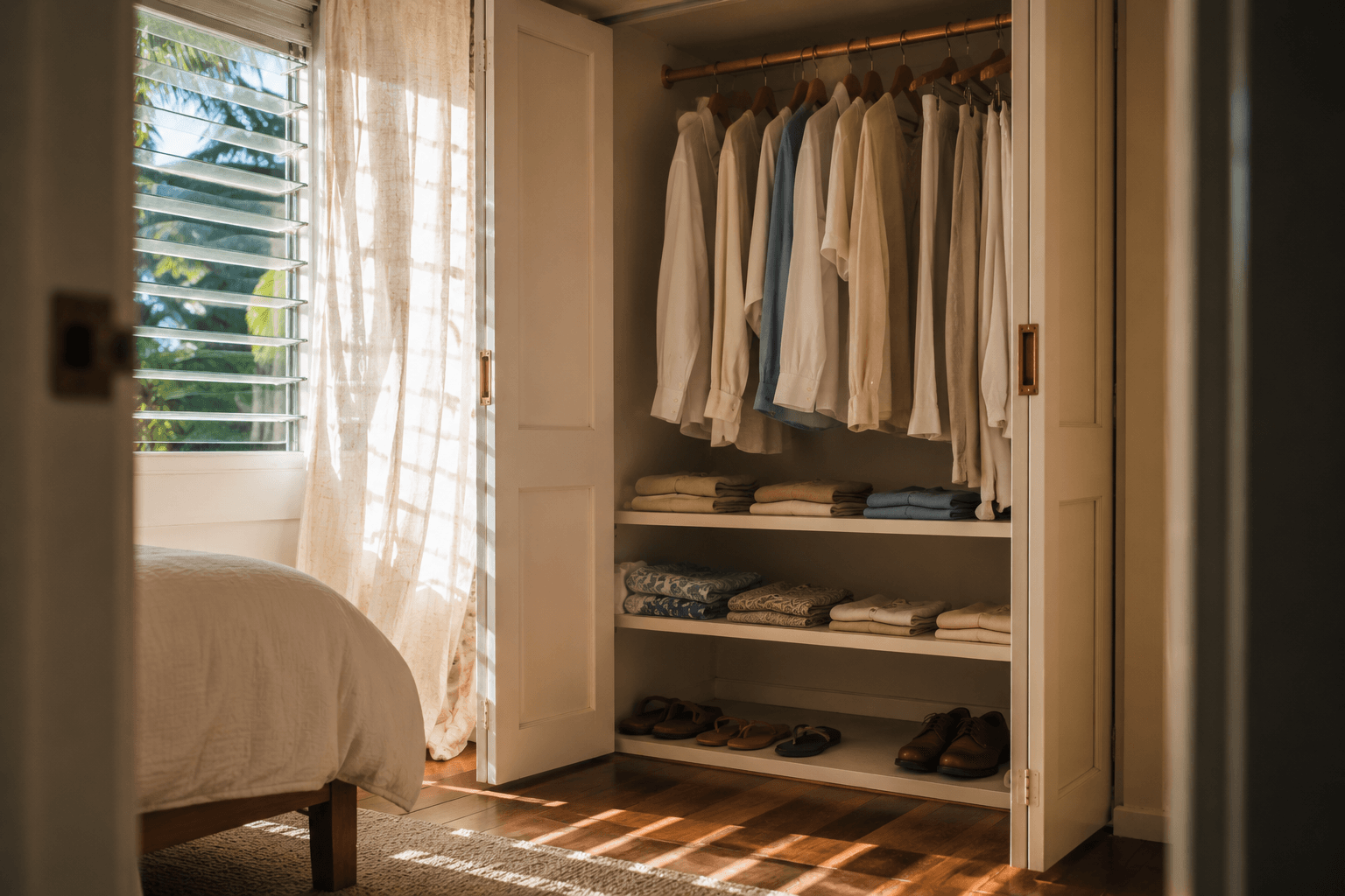 Custom bedroom closet system with integrated storage, built by Kea Cabinetry