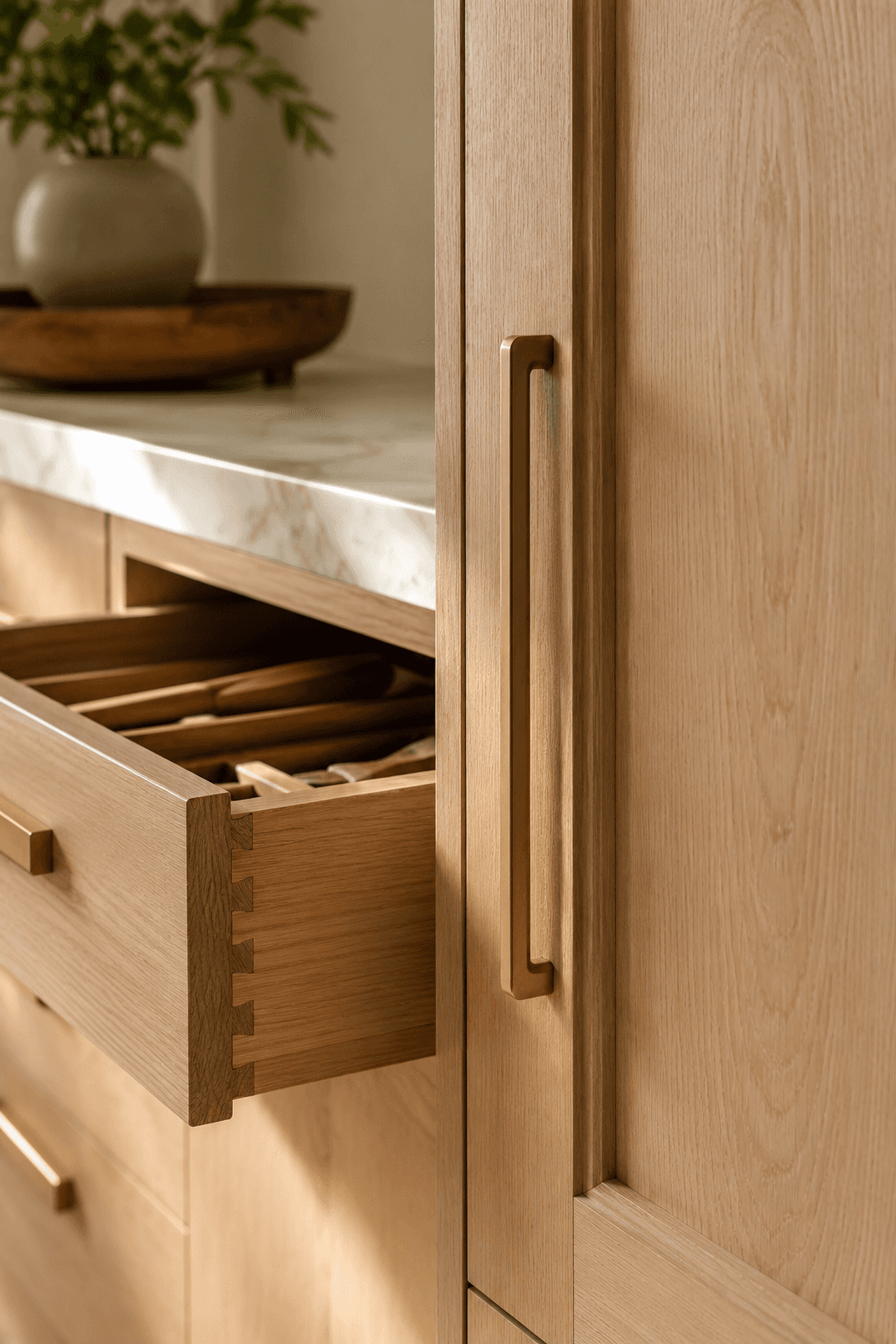Custom white oak kitchen drawer with dovetail joinery and brass hardware